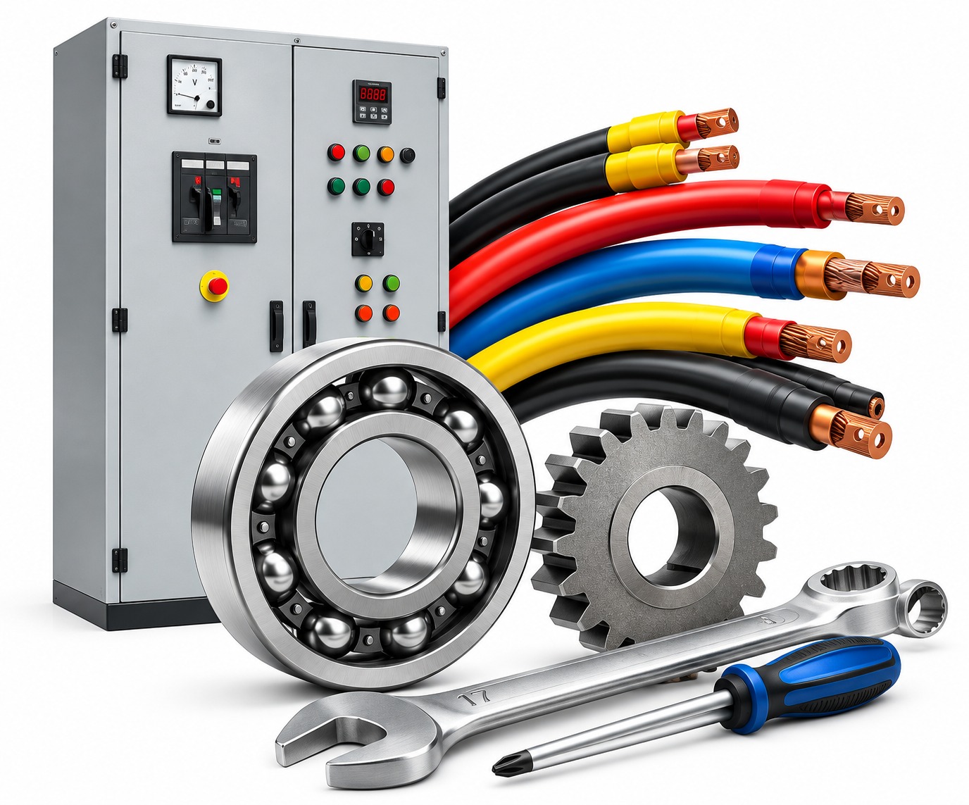 Control panel, cabling, bearing, gear and spanner from our mechanical and electrical range